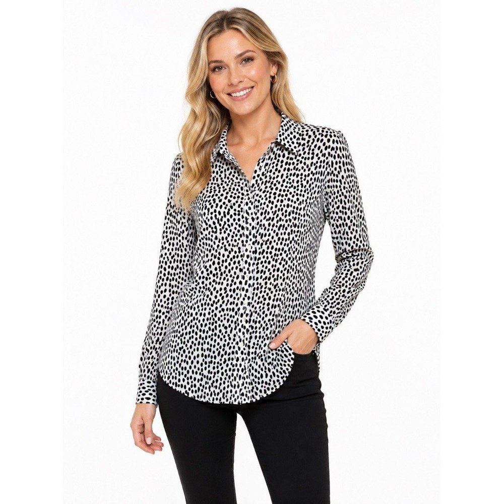 J.Crew Womens Black White Dalmatian Dot Print Button Down Blouse Shirt XS